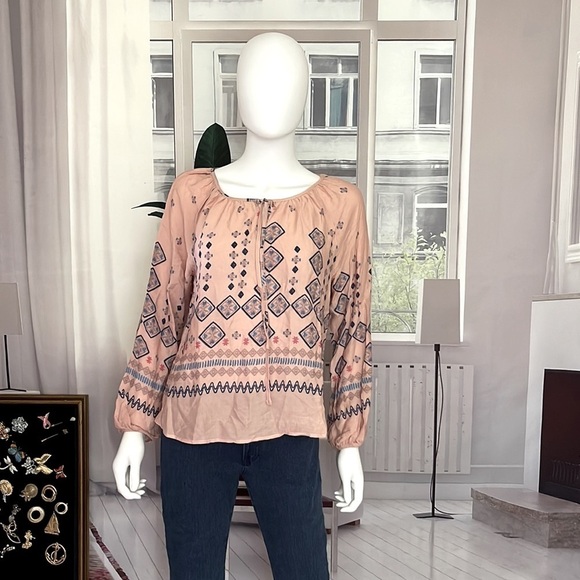 TIMING Blush Long Sleeve Tie Front Aztec Print Top. Size S & L P325/A - Picture 1 of 6